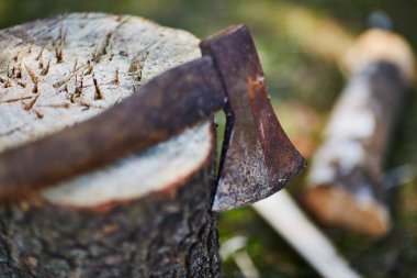 Paslı bir baltayı yakın plan dış kesim bloğuna yerleştirdim.