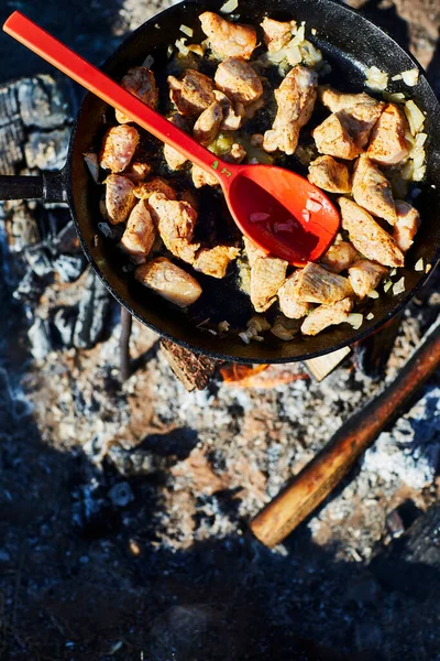 Cooking Campfire Red Spoon — Stock Photo, Image