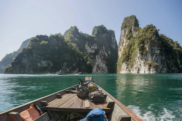Mochilas Con Turistas Barco Que Khao Sok Surat Thani Tailandia — Foto de Stock