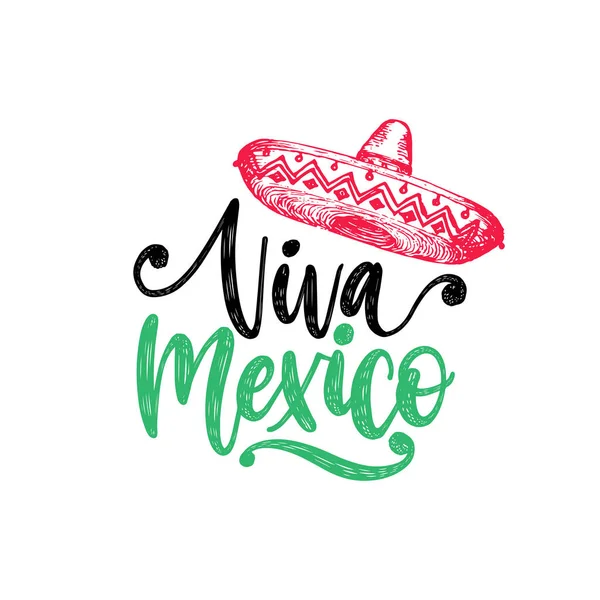 Viva Messico Scritte Mano Calligrafia Vettoriale Con Illustrazione Del Sombrero — Vettoriale Stock