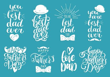 Babalar günü tatil hat koleksiyonu. El yazısıyla yazılan ifadeler ve çizilmiş sembolleri vektör kümesi.