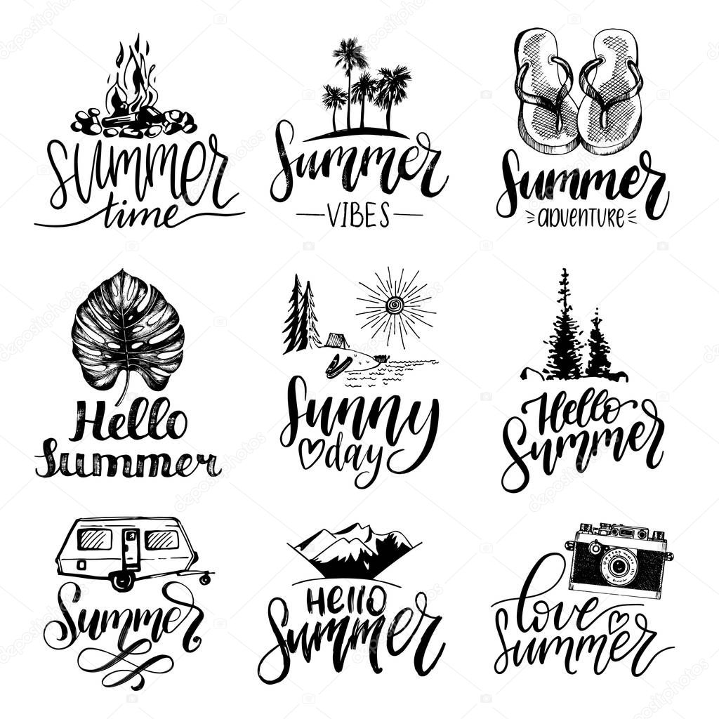 Vector set of hand lettering with summer motivational phrases and sketches. Calligraphy inspirational quotes collection. Travel icons.