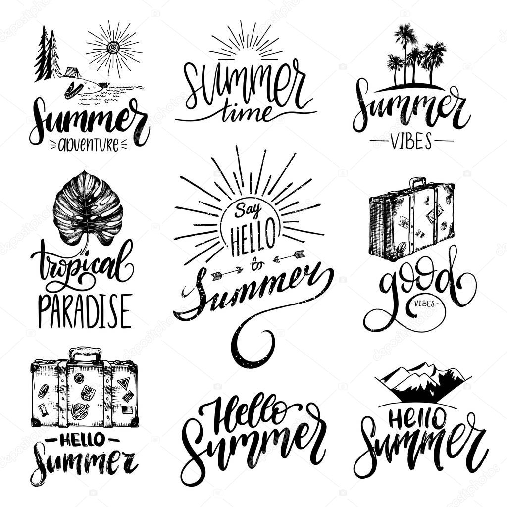 Vector set of hand lettering with summer motivational phrases and sketches. Calligraphy inspirational quotes collection. Travel icons.