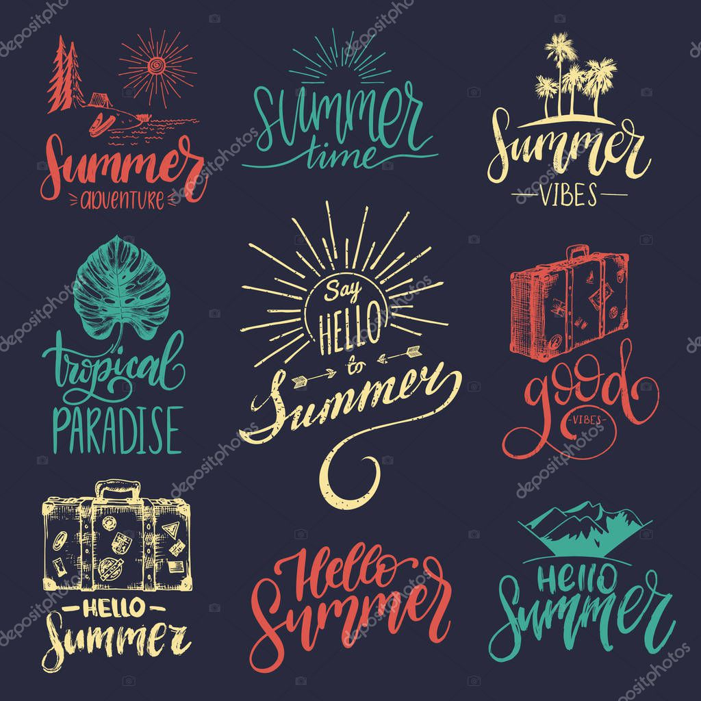 Vector set of hand lettering with summer motivational phrases and sketches. Calligraphy inspirational quotes collection. Travel icons.