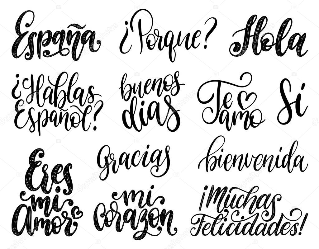 Bienvenida, Hola, Feliz Cumpleanos, Gracias, Espana translated from Spanish handwritten phrases Welcome, Hello, Happy Birthday, Thank You, Spain etc. Vector calligraphy set on white background.