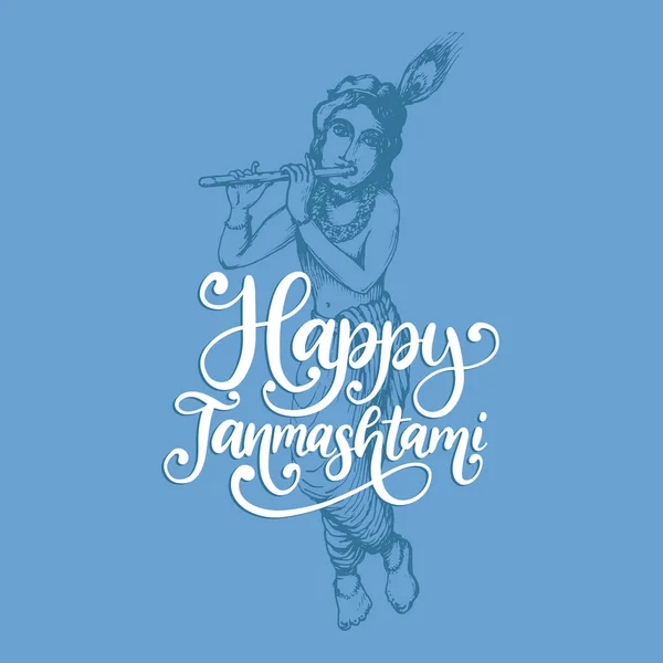 Happy Janmashtami Lettrage Sur Fond Bleu Avec Musicien Masculin — Image vectorielle
