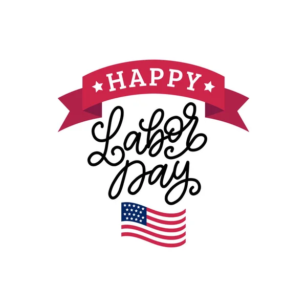 Labor Day, vector hand lettering. National american holiday illustration with drawn USA flag in engraved style. Greeting or invitation card, festive poster or banner.