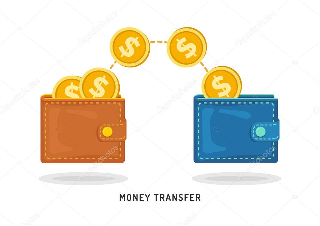 brown and blue wallets with coins on white background