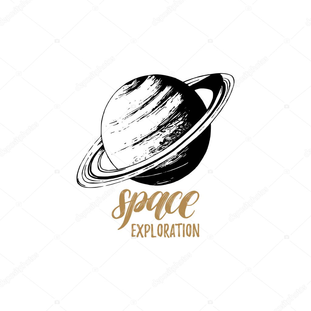 Hand lettering phrase Space exploration under planet 