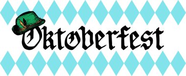 Mavi elmas ile beyaz arka plan üzerinde geleneksel yeşil şapkalı Octoberfest yazı