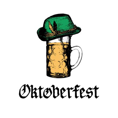 Octoberfest yazı bira cam ve yeşil şapka ile