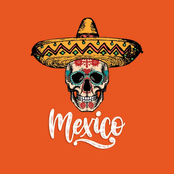 두개골 오렌지색 배경에 멕시코 포스터 — 스톡 벡터