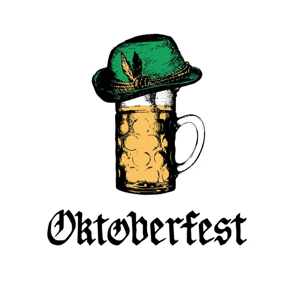 Octoberfest Lettering Beer Glass Green Hat — Stock Vector
