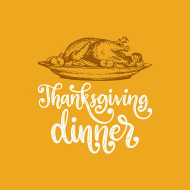 Şükran günü yemeği sarı zemin üzerine pişmiş Türkiye çanak ile yazı