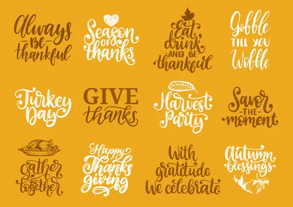 Cartes Vœux Thanksgiving Ensemble Avec Des Feuilles Sur Fond Jaune — Image vectorielle