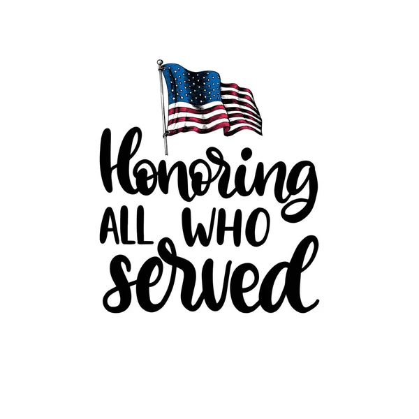 hand lettering with USA flag illustration. November 11 holiday background. Veterans Day poster, greeting card in vector.