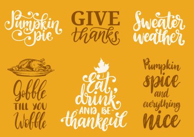 Yalayıp yutmak kadar sen Wobble, kazak hava, Pumpkin Pie, verin teşekkürler vb el yazısı hat set vektör. Şükran günü için çizilmiş resimler. Davetiye, tebrik kartı, poster için kullanılan.