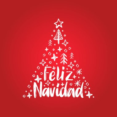 Feliz Navidad, el yazısı ifade, mutlu Noeller diler İspanyolca tercüme. Vektör yeni yıl Ladin illüstrasyon kırmızı zemin üzerine.