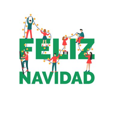 Feliz Navidad, el yazısı ifade, mutlu Noeller diler İspanyolca tercüme. Düz infographics yazıt peri ışıkları tarafından dekorasyon insan. Minimalist tarzı çizimde yeni yıl.