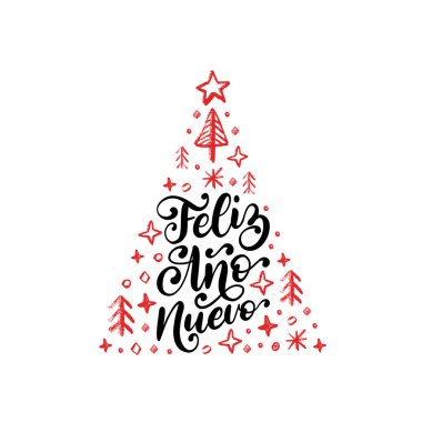 Feliz Ano Nuevo, el yazısı ifade, İspanyolca mutlu yeni yıl--dan tercüme. Beyaz arka plan üzerinde Noel Ladin illüstrasyon vektör.