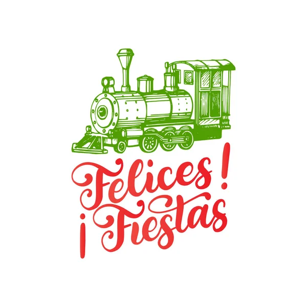 幸福的节日 手写的短语 翻译从西班牙快乐假期 向量圣诞节机车玩具例证 贺卡模板或海报概念的节日排版 — 图库矢量图片