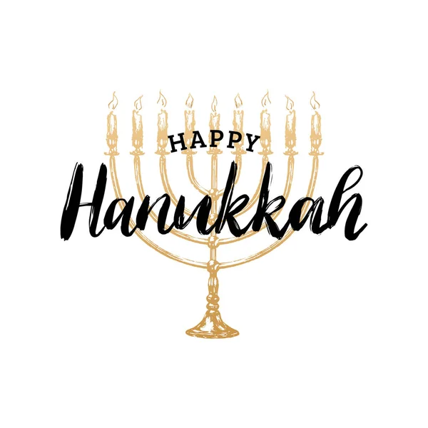 Feliz Letra Hanukkah Cartel Festivo Plantilla Tarjeta Felicitación Con Ilustración — Vector de stock