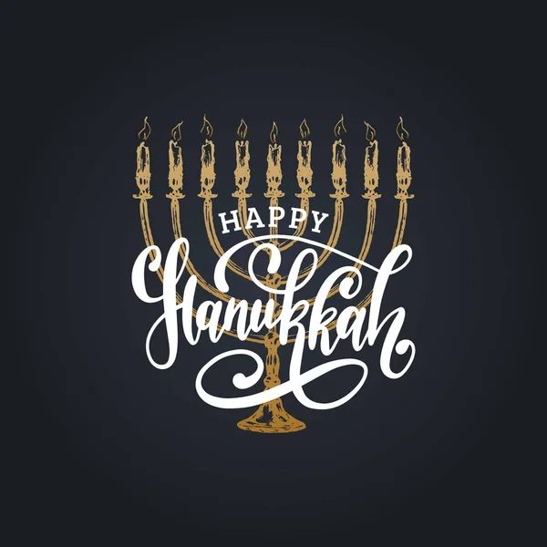 Feliz Letra Hanukkah Cartel Festivo Plantilla Tarjeta Felicitación Con Ilustración — Vector de stock