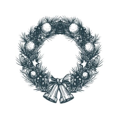 Vektör tasarımı çizilmiş Noel çelenk. Yeni yıl çizim tebrik kartı şablonu veya poster konsepti için.