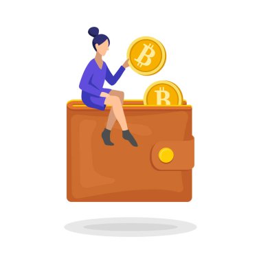 Bir bitcoin onun cüzdan yatırım kadın düz minimalist tarzı. Vektör çizim sermaye akımı, para, mali tasarruf yapma.