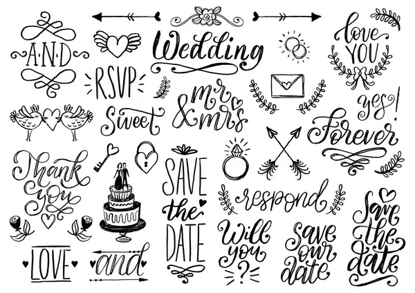 Conjunto Casamento Desenhado Louros Anéis Flores Corações Etc Frases Manuscritas —  Vetores de Stock