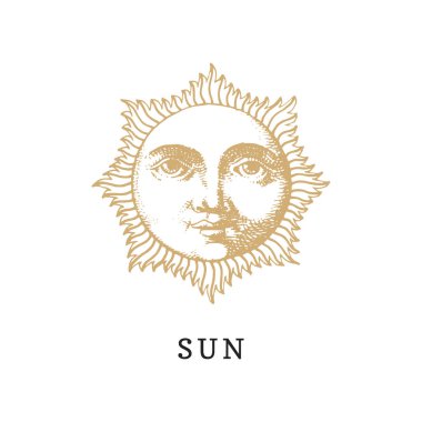 Güneş, el stil oyma çekilmiş. Vektör grafik retro illüstrasyon.