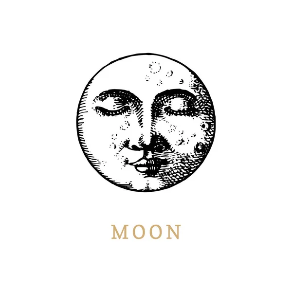 La Luna, dibujada a mano en estilo grabado. Ilustración retro gráfica vectorial . — Archivo Imágenes Vectoriales