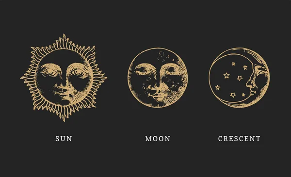 Sonnen-, Mond- und Monduntergang, von Hand gestochen. Vektorgrafische Retro-Illustrationen. — Stockvektor