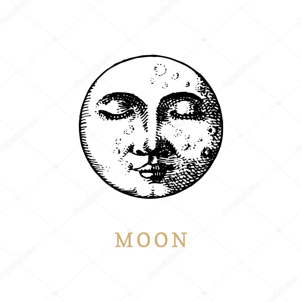 The Moon, hand drawn in engraving style. Vector graphic retro illustration.