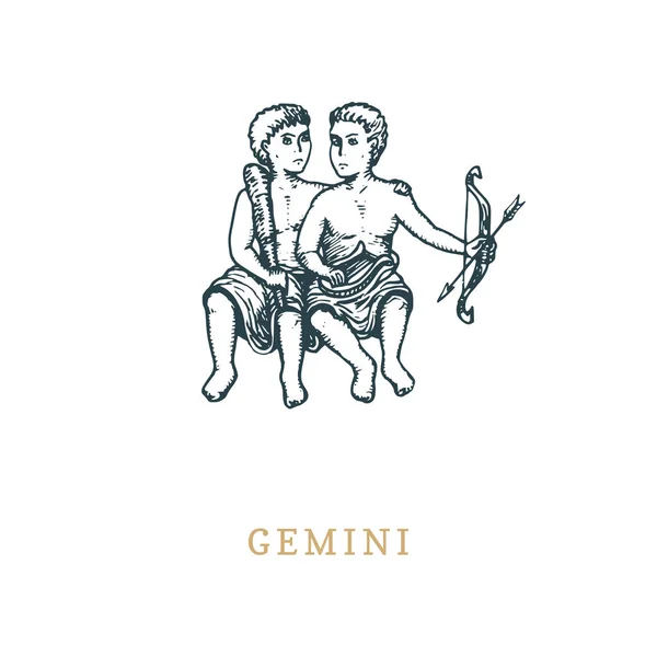 Gemini stjärntecken symbol, hand dras i gravyr stil. Vector graphic retro illustration av stjärntecken Tvillingarna . — Stock vektor