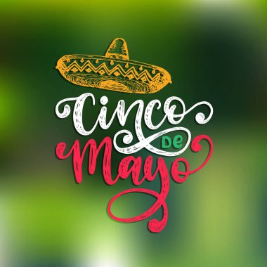 Cinco De Mayo, el yazı. Çeviri İspanyolca 5 Mayıs. Vektör hat illüstrasyon fötr şapka ile.