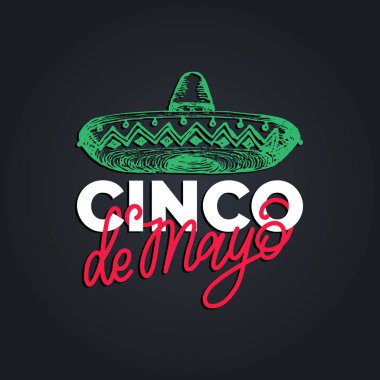 Cinco De Mayo, el yazı. Çeviri İspanyolca 5 Mayıs. Vektör hat illüstrasyon fötr şapka ile.