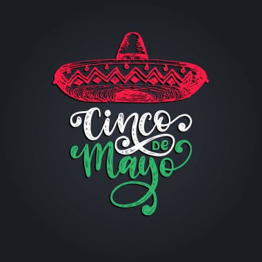 Cinco De Mayo, el yazı. Çeviri İspanyolca 5 Mayıs. Vektör hat illüstrasyon fötr şapka ile.