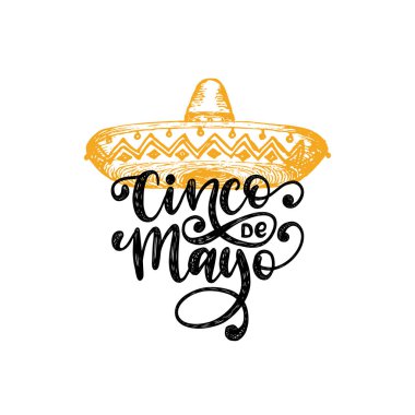 Cinco De Mayo, el yazı. Çeviri İspanyolca 5 Mayıs. Vektör hat illüstrasyon fötr şapka ile.