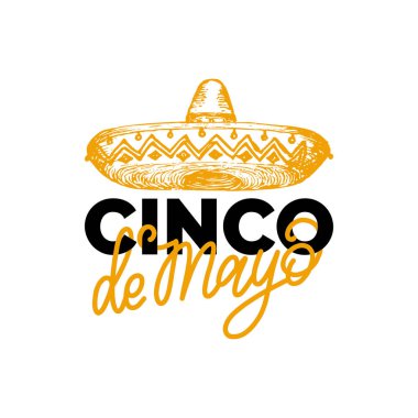 Cinco De Mayo, el yazı. Çeviri İspanyolca 5 Mayıs. Vektör hat illüstrasyon fötr şapka ile.