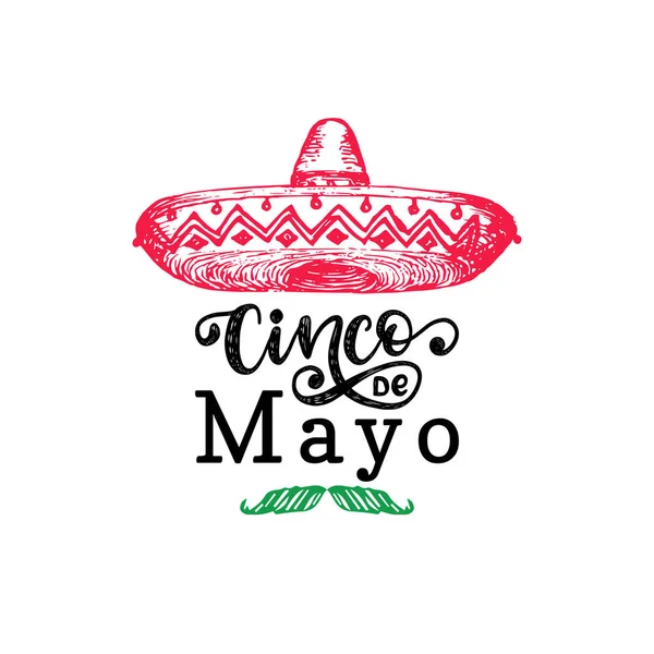 Cinco De Mayo, el yazı. Çeviri İspanyolca 5 Mayıs. Vektör hat illüstrasyon fötr şapka ile.