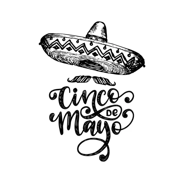 Cinco De Mayo, scritta a mano. Traduzione dallo spagnolo 5 maggio. Calligrafia vettoriale con illustrazione di sombrero . — Vettoriale Stock