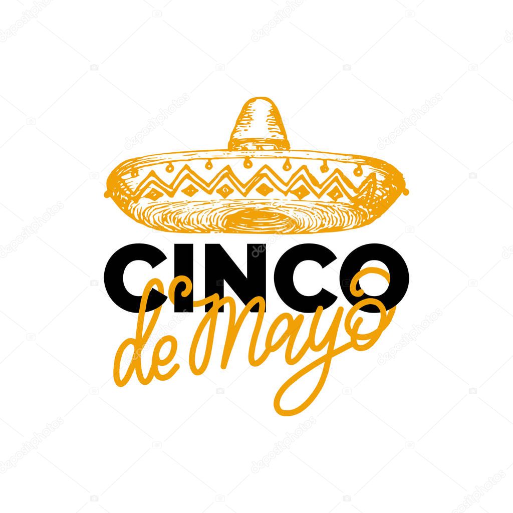 Cinco De Mayo, hand lettering. Translation from Spanish 5 May. Vector calligraphy with illustration of sombrero.