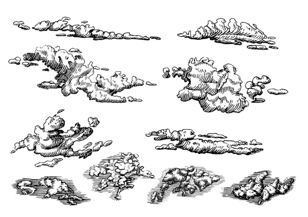 Set di nuvole, disegnato a mano in stile incisione. Illustrazione grafica vettoriale del cielo nuvoloso . — Vettoriale Stock