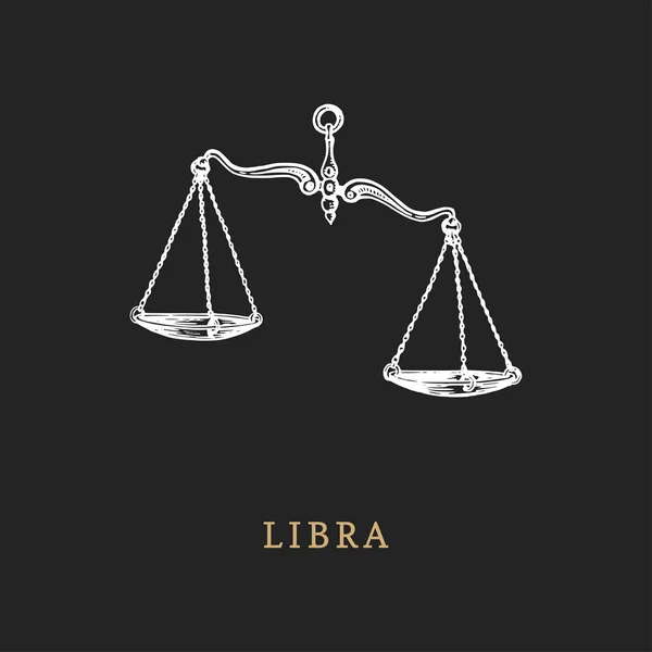 Símbolo zodiacal Libra, dibujado a mano en estilo grabado. Vector gráfico retro ilustración de signo astrológico Escalas . — Vector de stock