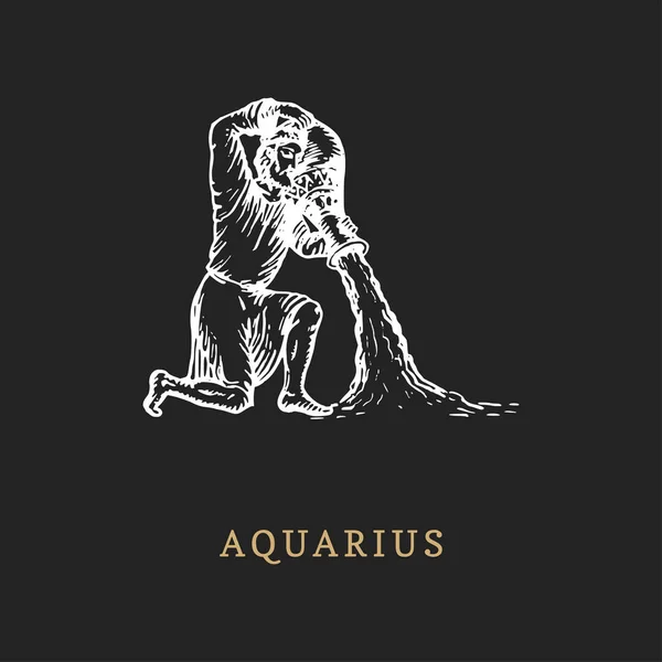 Símbolo del zodiaco de Acuario, dibujado a mano en estilo de grabado. Ilustración retro gráfica vectorial de signo astrológico Portador de agua — Vector de stock