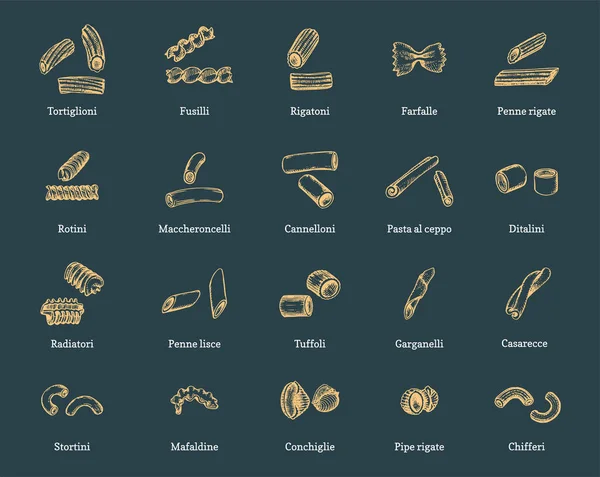 Ilustração vetorial de massas curtas. Conjunto de macarrão desenhado sobre fundo escuro . —  Vetores de Stock