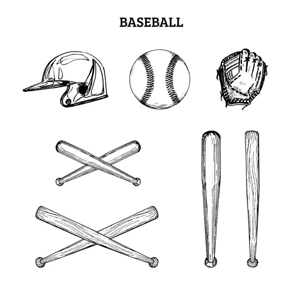 Векторная иллюстрация бейсбольного оборудования. Набор нарисованных спортивных товаров на белом фоне . — стоковый вектор