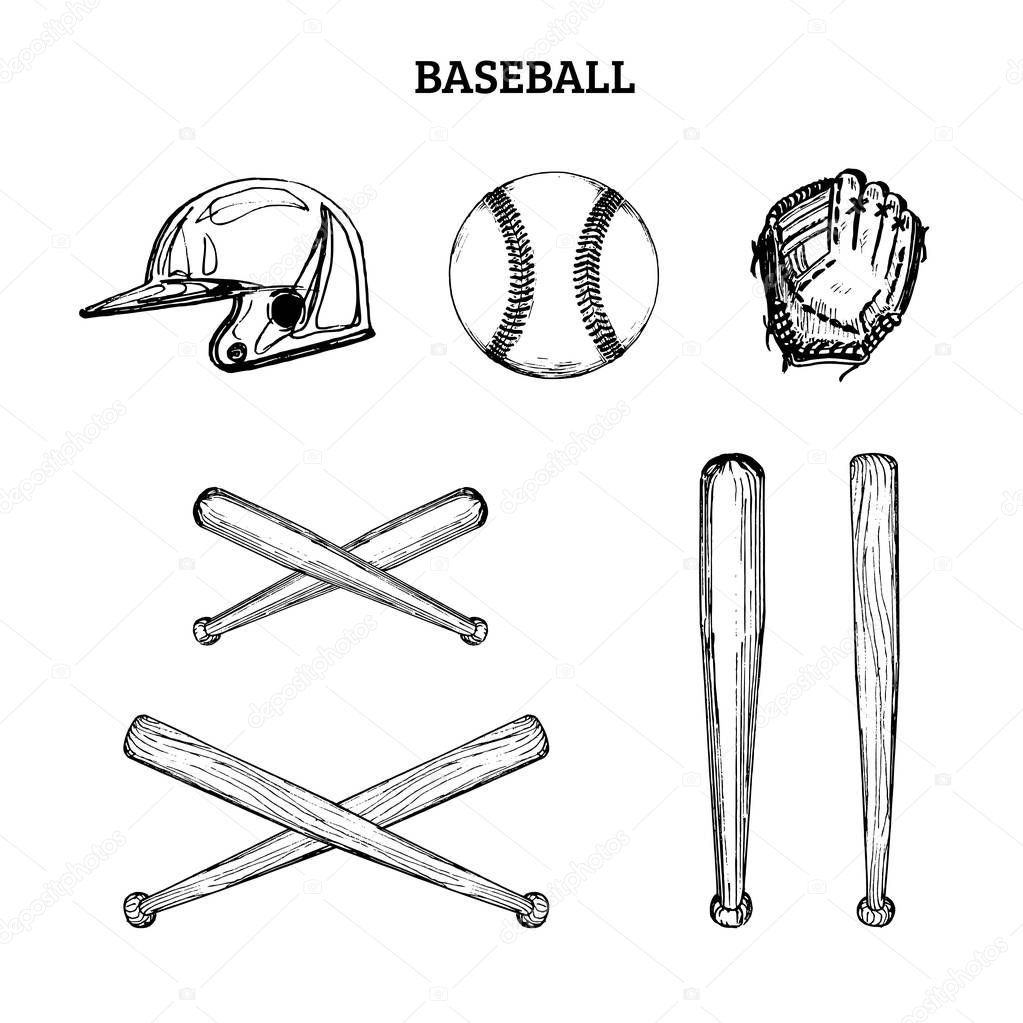 Vector illustration of baseball equipment. Set of drawn sporting goods on a white background