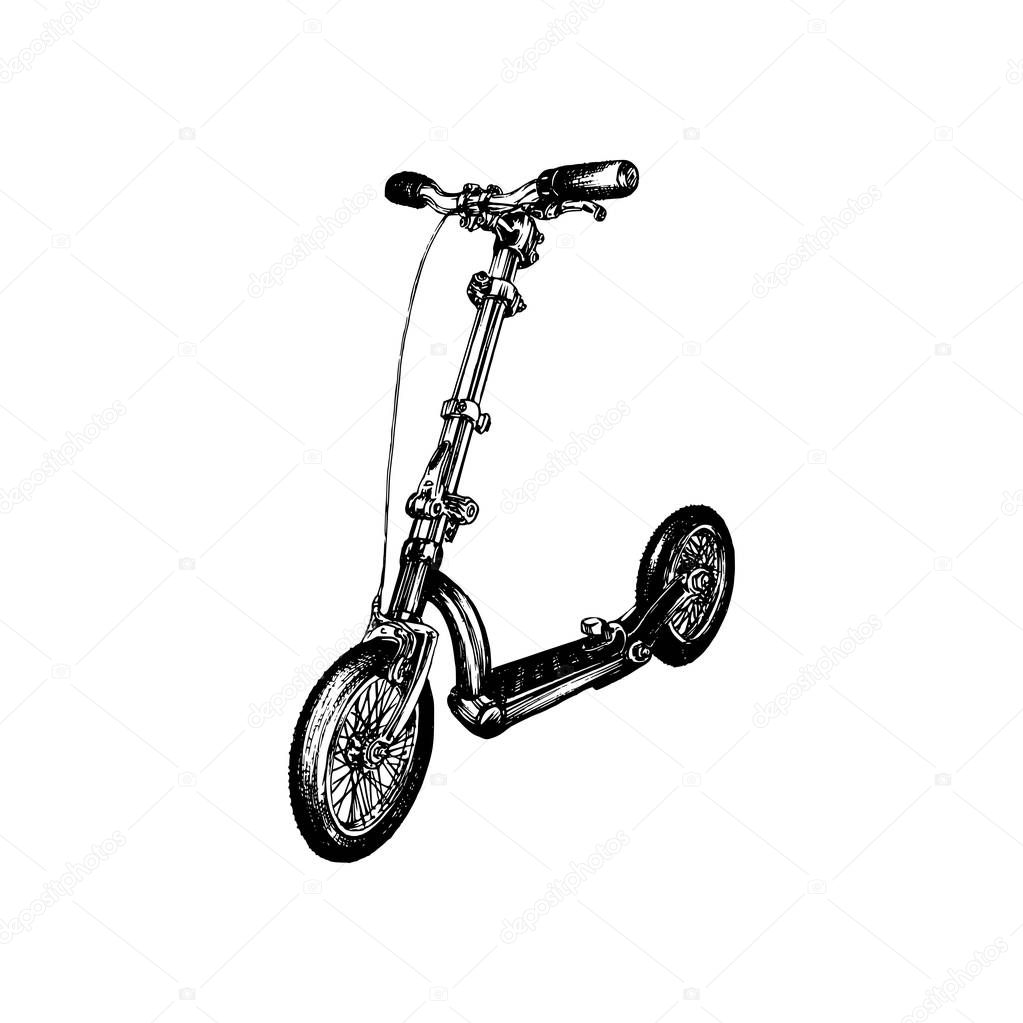 Vector illustration of push scooter. Hand drawn sketch of foot-driven transport on a white background.